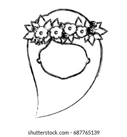 monochrome blurred silhouette of caricature faceless woman with long side hairstyle and crown decorate with flowers vector illustration