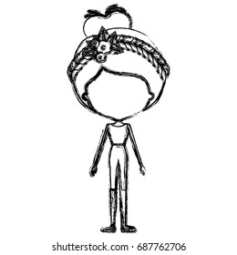monochrome blurred silhouette caricature of skinny faceless woman in clothes with bun collected hairstyle and flower crown accesory vector illustration