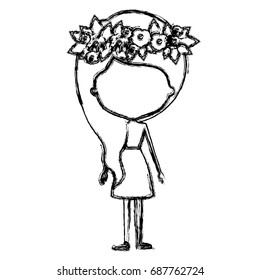 monochrome blurred silhouette caricature of skinny faceless woman in dress with wavy side long hairstyle and flower crown accesory vector illustration