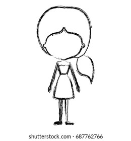 monochrome blurred silhouette caricature of skinny faceless woman in dress with side ponytail hairstyle vector illustration