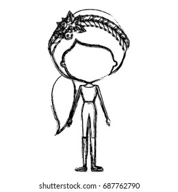 monochrome blurred silhouette caricature of skinny faceless woman in clothes with side ponytail hairstyle and flower crown accesory vector illustration