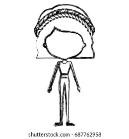 monochrome blurred silhouette caricature of skinny faceless woman in clothes with wavy short hairstyle and braid vector illustration