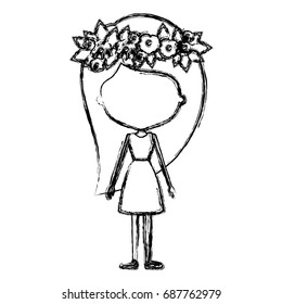 monochrome blurred silhouette caricature of skinny faceless woman in dress with long hairstyle and flower crown accesory vector illustration