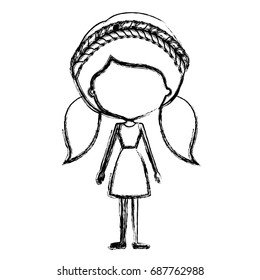 monochrome blurred silhouette caricature of skinny faceless woman in dress with double pigtails hairstyle and braid vector illustration
