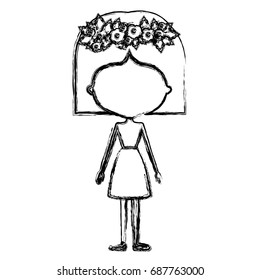 monochrome blurred silhouette caricature of skinny faceless woman in clothes with short hairstyle and flower crown accesory vector illustration