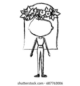 monochrome blurred silhouette caricature of skinny faceless woman in clothes with straight medium hairstyle and flower crown accesory vector illustration