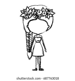 monochrome blurred silhouette caricature of skinny faceless woman in clothes with side braid hairstyle and flower crown accesory vector illustration