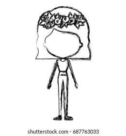 monochrome blurred silhouette caricature of skinny faceless woman in clothes with wavy short hairstyle and flower crown accesory vector illustration