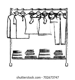 monochrome blurred silhouette of clothes rack with t-shirts and pants on hangers and fold clothes on bottom vector illustration