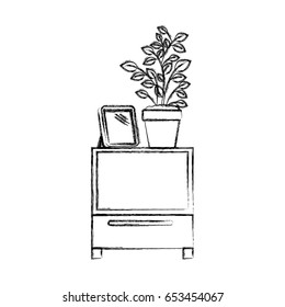 monochrome blurred silhouette of decorative cabinet table with books and plantpot vector illustration