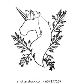 monochrome blurred silhouette of faceless unicorn with floral decoration vector illustration