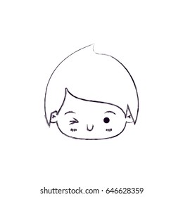 monochrome blurred silhouette of facial expression wink eye kawaii little boy vector illustration