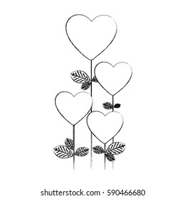 monochrome blurred silhouette with floral branch with flowers in shape hearts vector illustration