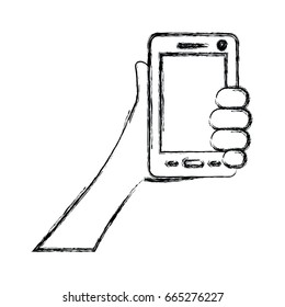 monochrome blurred silhouette of hand holding smartphone vector illustration