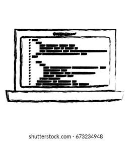 monochrome blurred silhouette of laptop computer with screen programming window with script code vector illustration