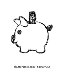 monochrome blurred silhouette of moneybox in shape of pig with dollar bill vector illustration