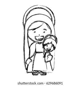 monochrome blurred silhouette of saint virgin mary with baby jesus vector illustration