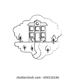 monochrome blurred silhouette scene of natural landscape and facade house of two floors with attic vector illustration