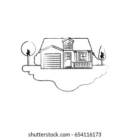 monochrome blurred silhouette scene of outdoor landscape and facade house with garage and attic