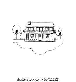 monochrome blurred silhouette scene of outdoor landscape and country house of two floors with railing vector illustration