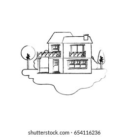 monochrome blurred silhouette scene of outdoor landscape and country house of two floors and balcony vector illustration