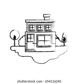 monochrome blurred silhouette scene of outdoor landscape and house of two floors with chimney vector illustration