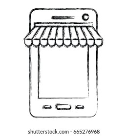 monochrome blurred silhouette of smartphone online store vector illustration