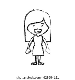 monochrome blurred silhouette of smiling girl standing with dress and long hair vector illustration