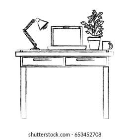 monochrome blurred silhouette of work place office interior with laptop computer and lamp and plantpot vector illustration