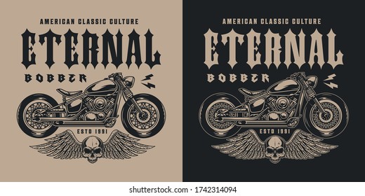 Monochrome bobber motorcycle label with motorbike and winged skull in vintage style isolated vector illustration