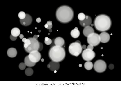 Fundo de bokeh monocromático com círculos brilhantes em branco suave no fundo preto. Elegante efeito de desfoque leve para design e sobreposições vetoriais abstratos, mínimos ou digitais.