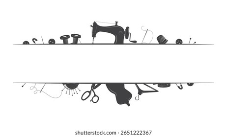 monochrome border frame with tailoring items and sewing tools