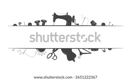 monochrome border frame with tailoring items and sewing tools