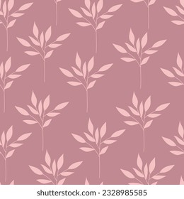 einfarbiger botanischer Hintergrund. Rosa Blättersilhouette in einem einfachen, flachen Stil. Abstraktes nahtloses Muster. Handgezeichnete organische Äste und Blätter. Vektordesign.
