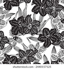 Monochrome Botanical Floral seamless pattern design for fashion textiles, graphics, backgrounds and crafts