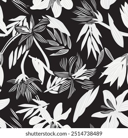 Monochrome Botanical Floral seamless pattern design for fashion textiles, graphics, backgrounds and crafts