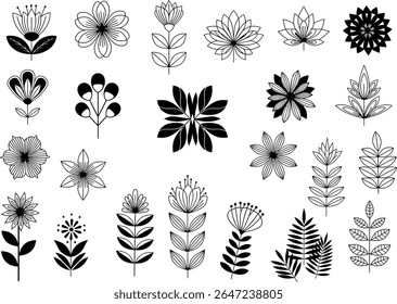 Monochrome Botanical Illustration Featuring a Variety of Stylized Flowers and Plants in a Clean and Modern Aesthetic with High Contrast