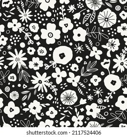 Monochrome botanical illustrations seamless repeat pattern. Random placed, vector scandinavian flowers with leaves and dots all over surface print.