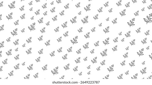 Padrão botânico monocromático com delicadas tiras cinzentas com folhas ovais e minúsculos botões redondos espalhados por uma tela branca brilhante, criando um efeito de textura orgânica minimalista