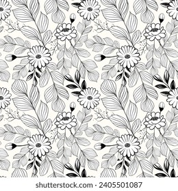 Monochrome botanical pattern. Seamless background with daisies. Hand drawn outline floral wallpaper