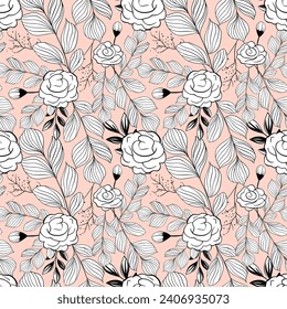 Monochrome botanical pattern. Seamless background with roses. Hand drawn outline floral wallpaper
