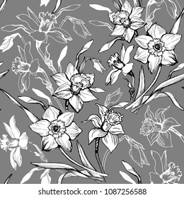 Monochrome botanical seamless pattern with hand drawn flowers daffodils, narcissus. Elegant floral elements on grey background. For wallpaper, fabrics, textile design. Vector Illustration