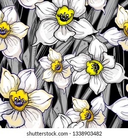 Monochrome botanical seamless pattern with white hand drawn flowers of Narcissus, Daffodils, Jonquil. Template for textile floral design, fabrics, wallpaper, package. Vector.