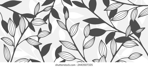 Monochrome botanical vector background with branches and leaves.