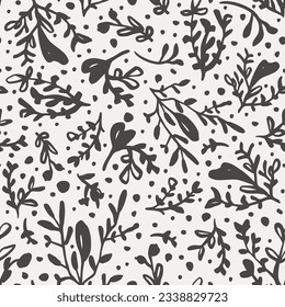 Monochrome botany seamless repeat pattern. Random placed, vector herbs and dots all over surface print in black and white.