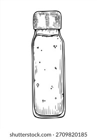 Botella monocromática con tapa superior Vector aislado ilustración pintada por tintas negras. Botella deportiva de plástico o vidrio llena de boceto gráfico de agua potable fresca para el diseño de envases de bebidas.