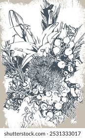 A monochrome bouquet of flowers. An old-style postcard. Vector illustration.