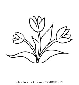 Monochrome bouquet of tulips with leaves, doodles, vector illustration in cartoon style on a white background
