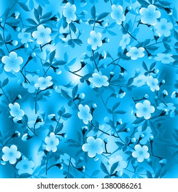 Monochrome branches of cherry flower pattern on dark blue abstract background. Transparent Sakura flowers seamless texture. Vector