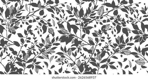 Monochrome branches with leaves seamless background. hand drawn. Not AI, Vector illustration.
